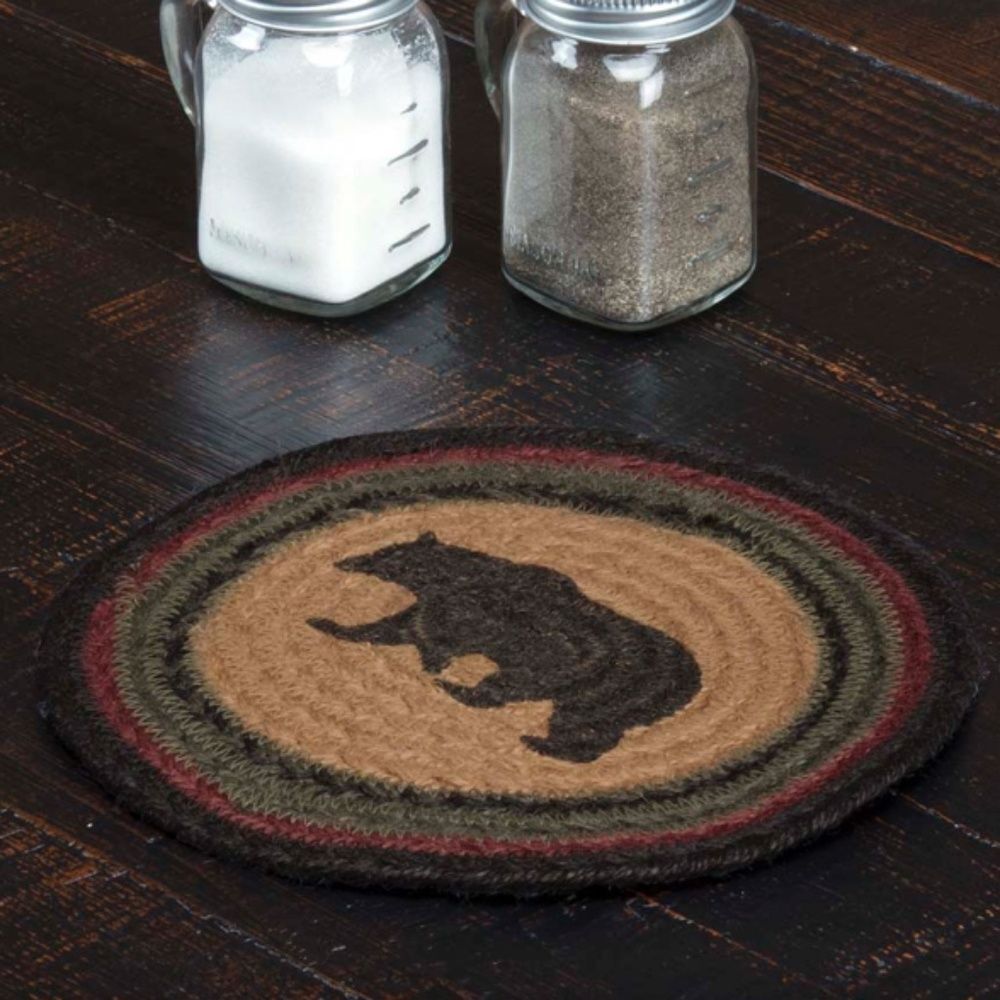 Black Bear Jute Braided Stenciled Round 8 Inch Table Trivet Lodge Cabin Rustic